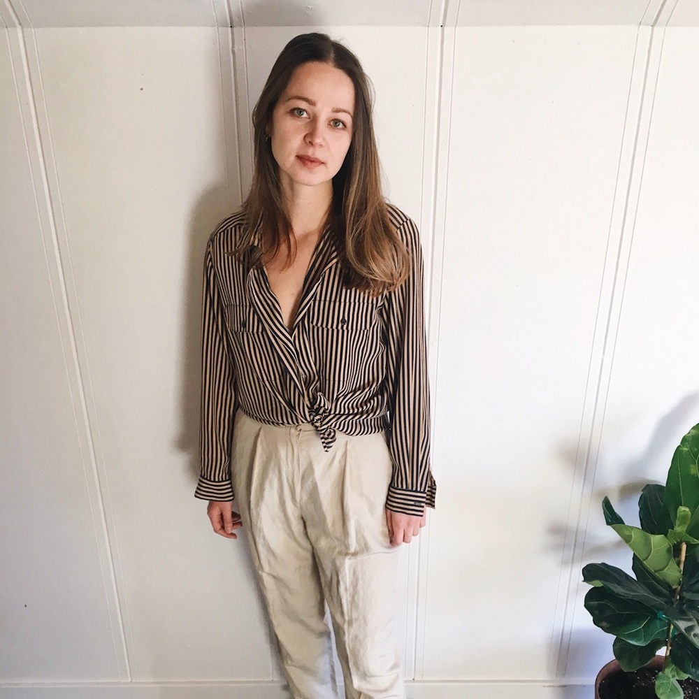 navy and tan striped button up